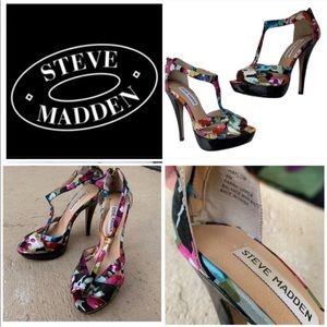 steve madden haylow t-strap floral heels sandals